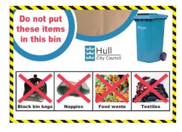 Sticker placed on blue recycling bin lids in Hull